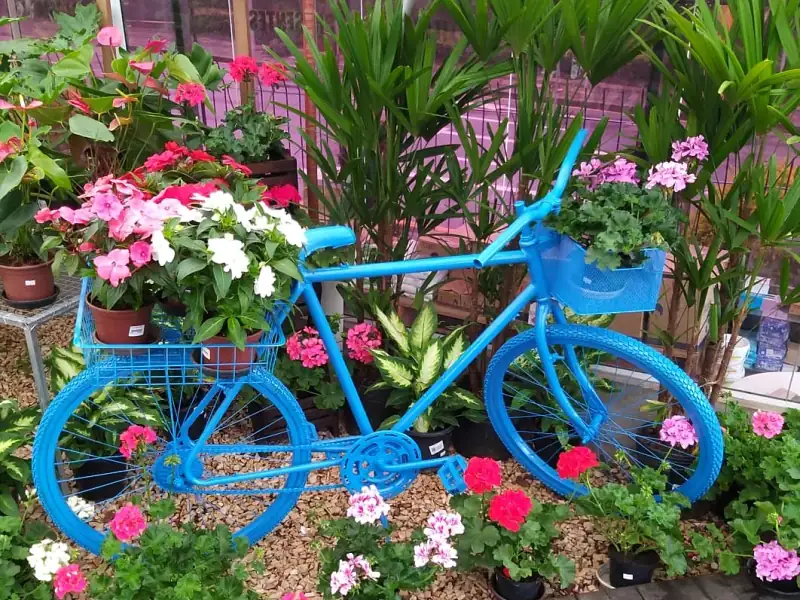 Bicicleta azul decorada com flores na entrada da Floricultura Capim Limão